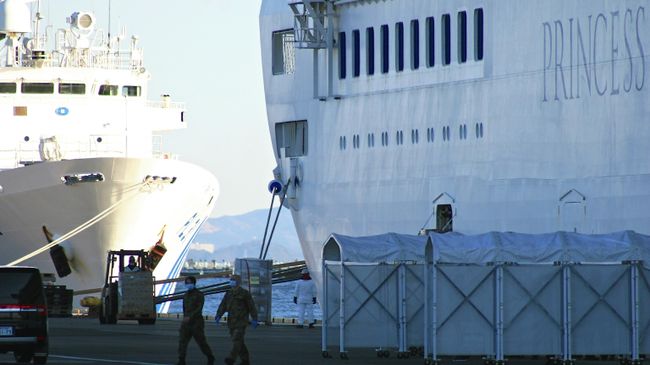 Лайнер Diamond Princess на рейде в порту Йокогама Лайнер Diamond Princess на рейде в порту Йокогама