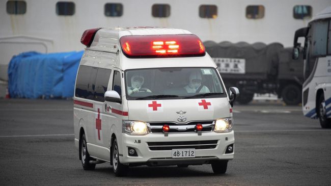 Автомобиль скорой помощи у круизного лайнера Diamond Princess в порту Йокогама Автомобиль скорой помощи у круизного лайнера Diamond Princess в порту Йокогама