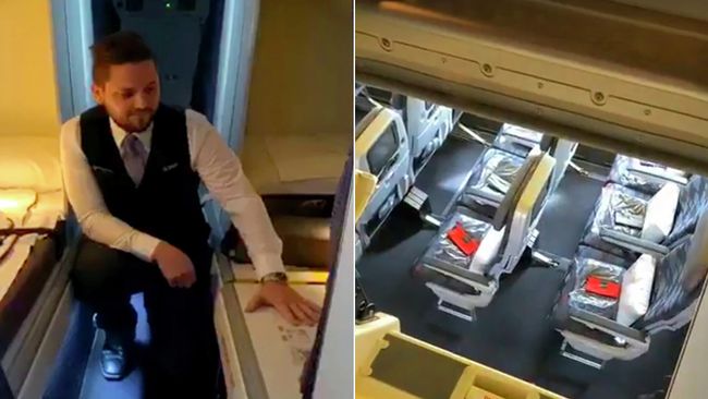 Демонстрация скрытого люка в самолете Boeing 777 авиакомпании Virgin Australia Демонстрация скрытого люка в самолете Boeing 777 авиакомпании Virgin Australia