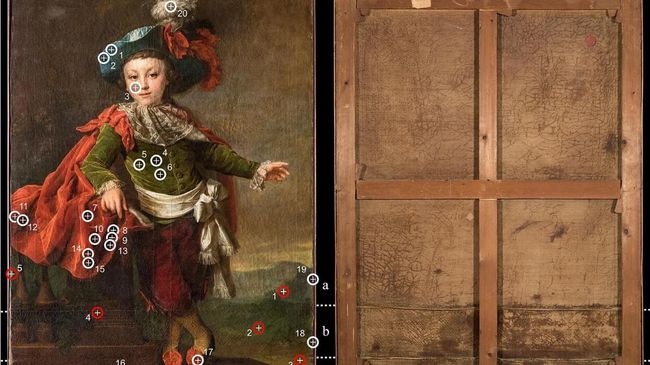 Дмитрий Левицкий Портрет Ф. П. Макеровского в маскарадном костюме, 1789 г. Красным показаны места отбора проб для последующего анализа. Как видно, исследователи избегали участков центральной части портрета. Белым отмечены точки проведения рентгенофлуоресцентной спектроскопии, не требующей отбора проб Дмитрий Левицкий Портрет Ф. П. Макеровского в маскарадном костюме, 1789 г. Красным показаны места отбора проб для последующего анализа. Как видно, исследователи избегали участков центральной части портрета. Белым отмечены точки проведения рентгенофлуоресцентной спектроскопии, не требующей отбора проб