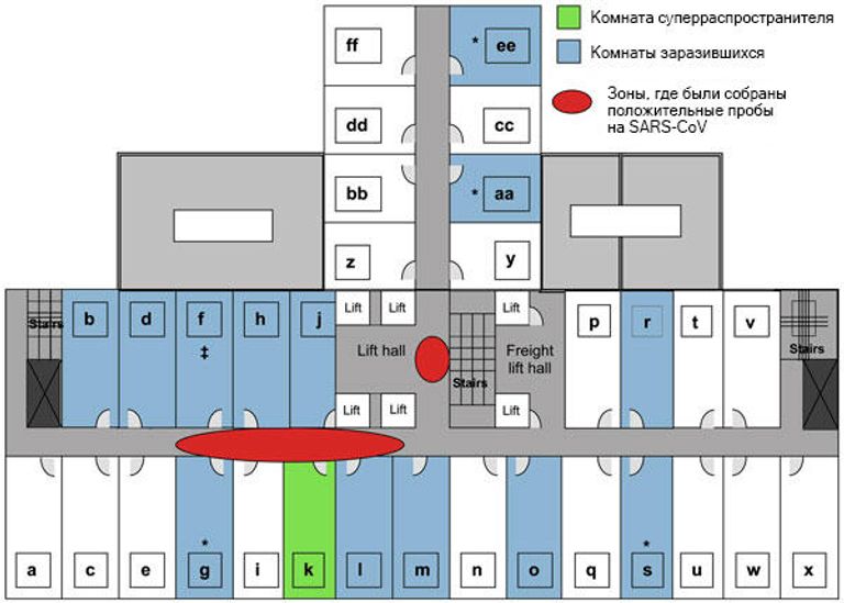План 9-го этажа отеля Metropole в Гонконге, показывающий, где произошло суперраспространение вируса SARS
