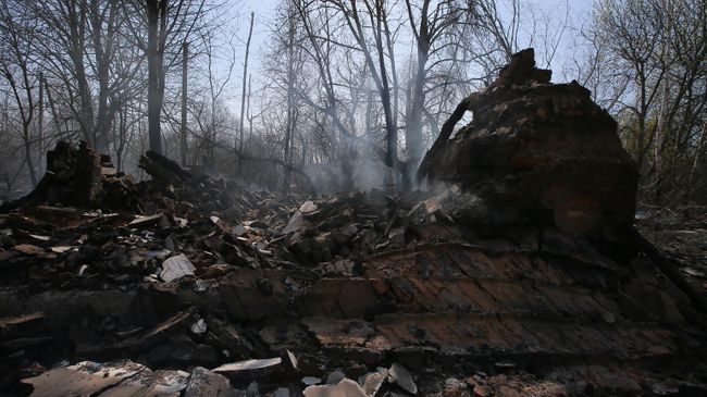 Сгоревший частный дом в результате пожара в зоне отчуждения Чернобыльской АЭС Сгоревший частный дом в результате пожара в зоне отчуждения Чернобыльской АЭС