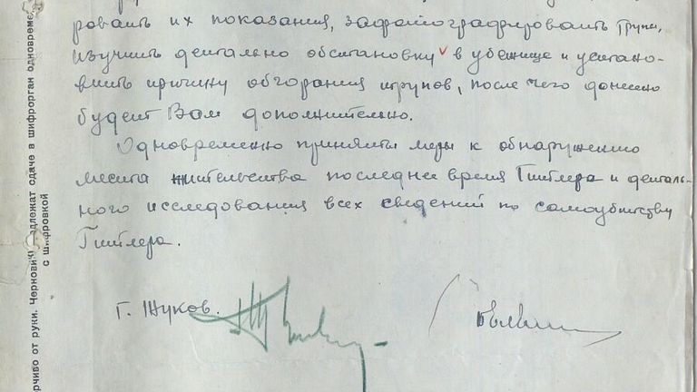 Донесение маршала Георгия Жукова Иосифу Сталину о добытых советской военной контрразведкой данных, касающихся самоубийства фюрера Третьего рейха Адольфа Гитлера и рейхсминистра пропаганды Йозефа Геббельса. Донесение маршала Георгия Жукова Иосифу Сталину о добытых советской военной контрразведкой данных, касающихся самоубийства фюрера Третьего рейха Адольфа Гитлера и рейхсминистра пропаганды Йозефа Геббельса.