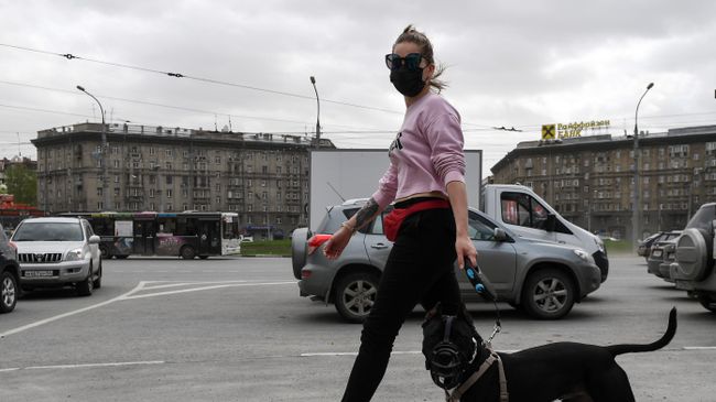 Девушка в защитной маске с собакой Девушка в защитной маске с собакой