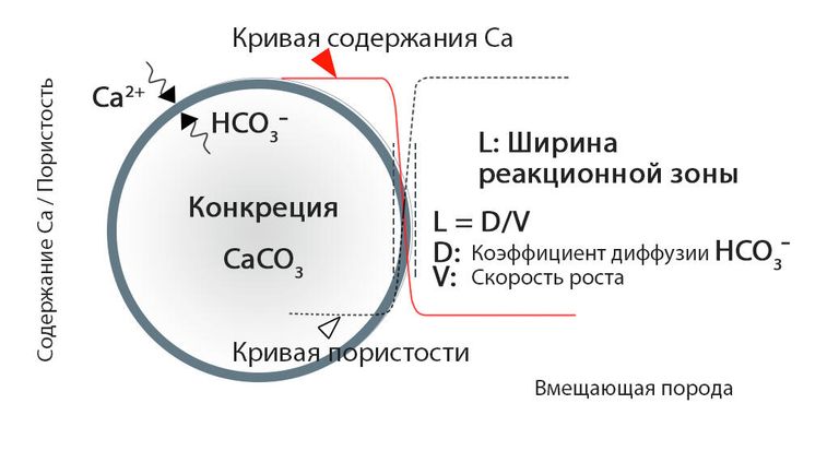 Концептуальная схема образования сферических конкреций. Перекрестная диаграмма диффузии и скорости роста