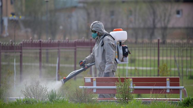 Дезинфекция школьного двора в деревне Боровляны, Белоруссия Дезинфекция школьного двора в деревне Боровляны, Белоруссия