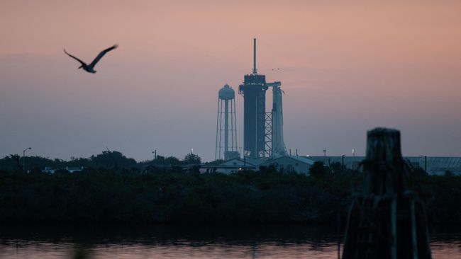 Американский космический корабль Crew Dragon, установленный на стартовой площадке Launch Complex 39A на острове Уилсон во Флориде Американский космический корабль Crew Dragon, установленный на стартовой площадке Launch Complex 39A на острове Уилсон во Флориде