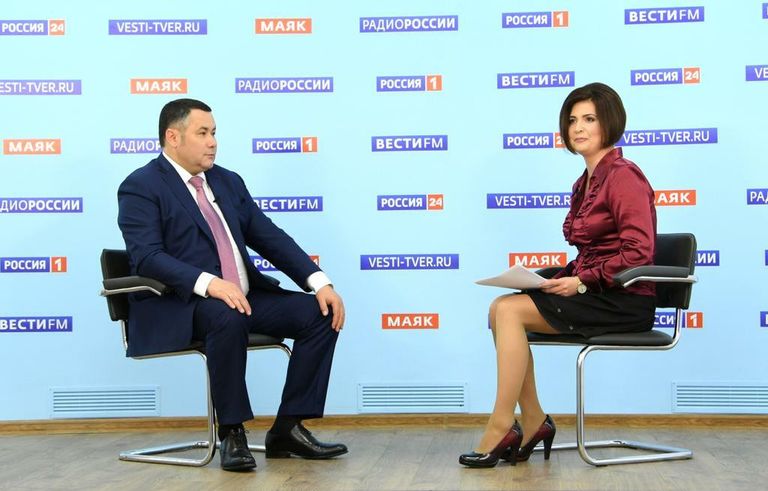 Губернатор Тверской области Игорь Руденя выступает в прямом эфире на телеканале Россия 24 Тверь
