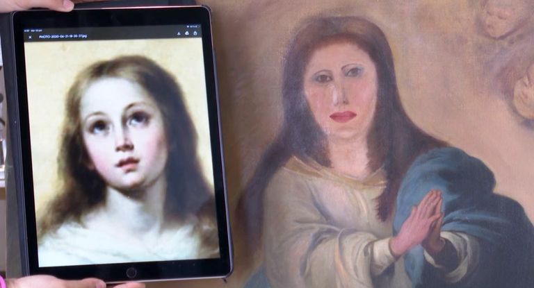 Копия картины Непорочное зачатие испанского живописца Бартоломе Эстебана Мурильо до и после реставрации. Стоп-кадр видео Копия картины Непорочное зачатие испанского живописца Бартоломе Эстебана Мурильо до и после реставрации. Стоп-кадр видео