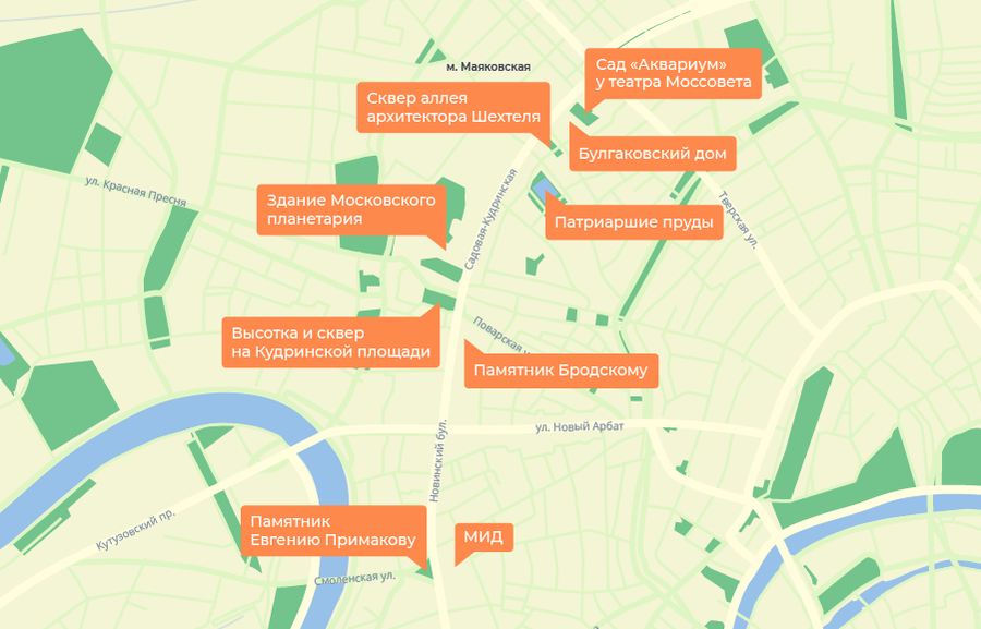 Карта Садового кольца от Парка культуры до Маяковской