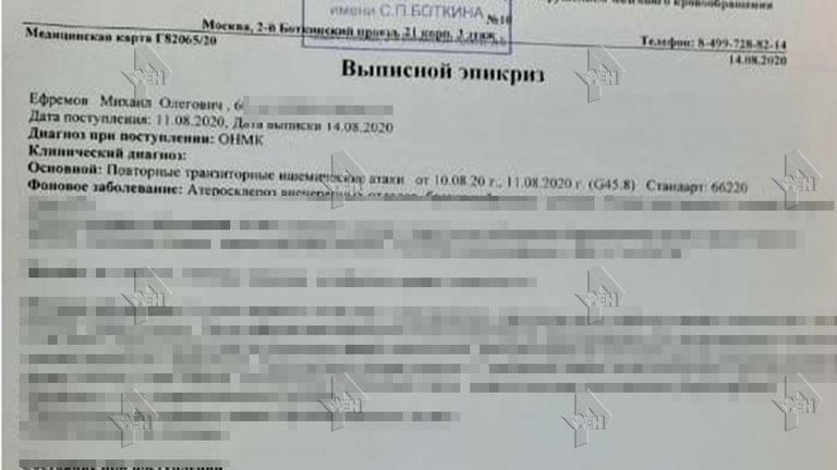 Фото документа о состоянии здоровья артиста Ефремова, опубликованное РЕН ТВ 