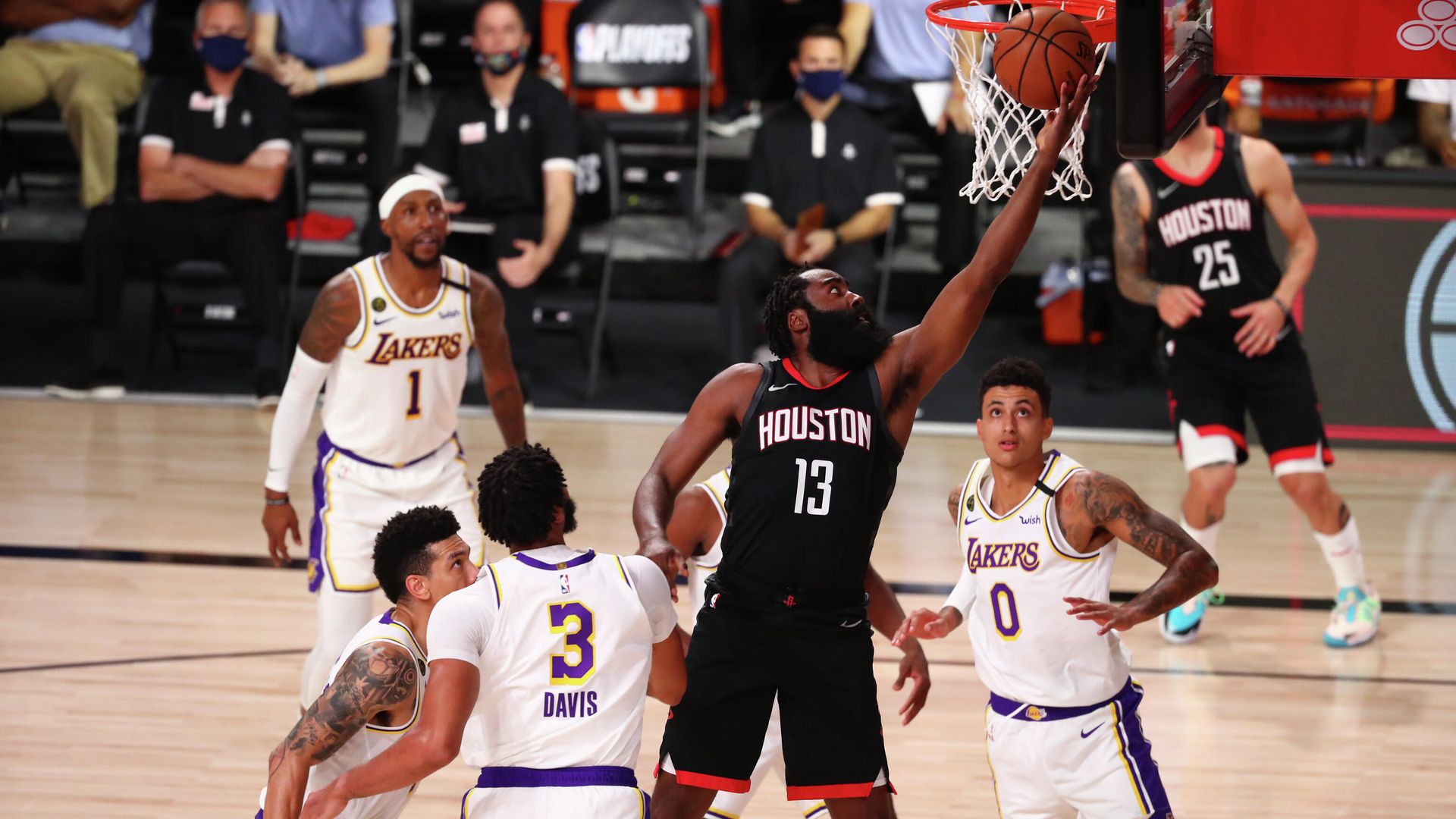 Sep 12, 2020; Lake Buena Vista, Florida, USA; Houston Rockets guard James Harden (13) attempts a shot around Los Angeles Lakers forward Anthony Davis (3) in game five of the second round of the 2020 NBA Playoffs at ESPN Wide World of Sports Complex. Mandatory Credit: Kim Klement-USA TODAY Sports Sep 12, 2020; Lake Buena Vista, Florida, USA; Houston Rockets guard James Harden (13) attempts a shot around Los Angeles Lakers forward Anthony Davis (3) in game five of the second round of the 2020 NBA Playoffs at ESPN Wide World of Sports Complex. Mandatory Credit: Kim Klement-USA TODAY Sports - РИА Новости, 1920, 13.09.2020