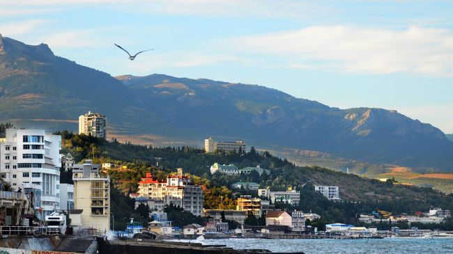 Вид на район Профессорский уголок города Алушта на закате Вид на район Профессорский уголок города Алушта на закате