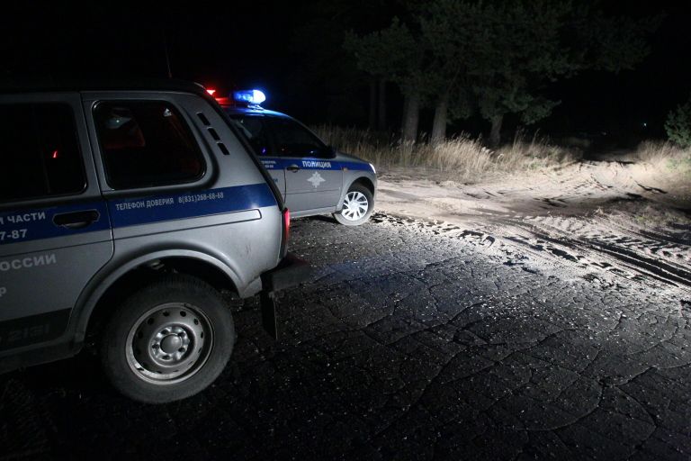 Полицейские автомобили на автобусной остановке в поселке Большеорловский в Нижегородской области, где неизвестный устроил стрельбу