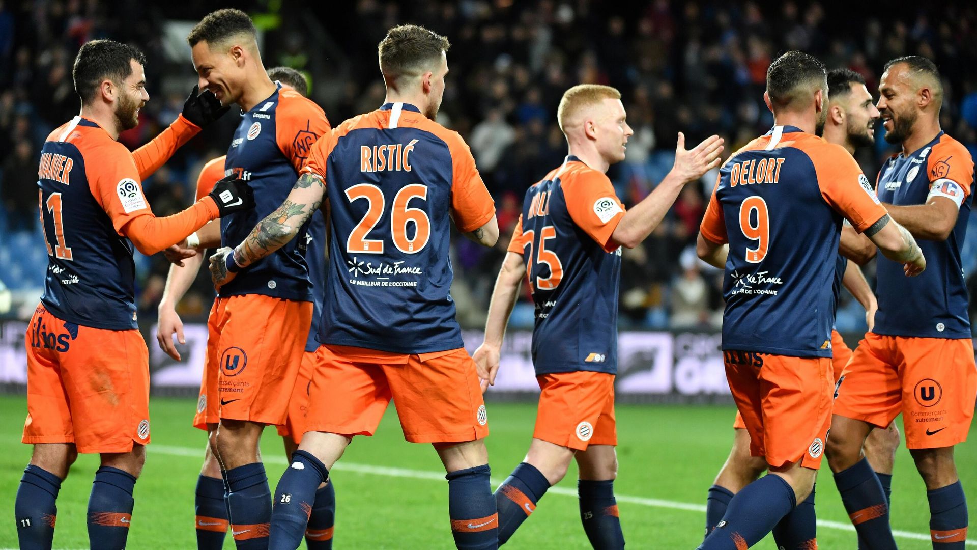 Montpellier's players react after scoring a goal during the French L1 football match between Montpellier and Strasbourg at the Mosson stadium in Montpellier, southern France, on February 29, 2020. (Photo by Pascal GUYOT / AFP) Montpellier's players react after scoring a goal during the French L1 football match between Montpellier and Strasbourg at the Mosson stadium in Montpellier, southern France, on February 29, 2020. (Photo by Pascal GUYOT / AFP) - РИА Новости, 1920, 16.10.2020
