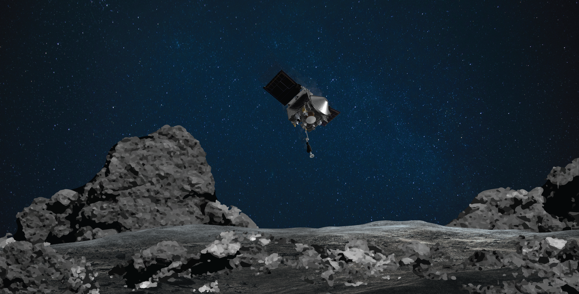Иллюстрация художника момента приближения миссии OSIRIS-REx к поверхности астероида Бенну для забора образцов - РИА Новости, 1920, 10.10.2025
