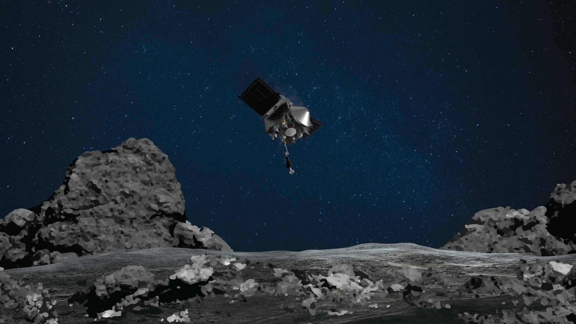 Художественное изображение момента приближения OSIRIS-REx к поверхности астероида Бенну Художественное изображение момента приближения OSIRIS-REx к поверхности астероида Бенну - РИА Новости, 1920, 27.10.2020