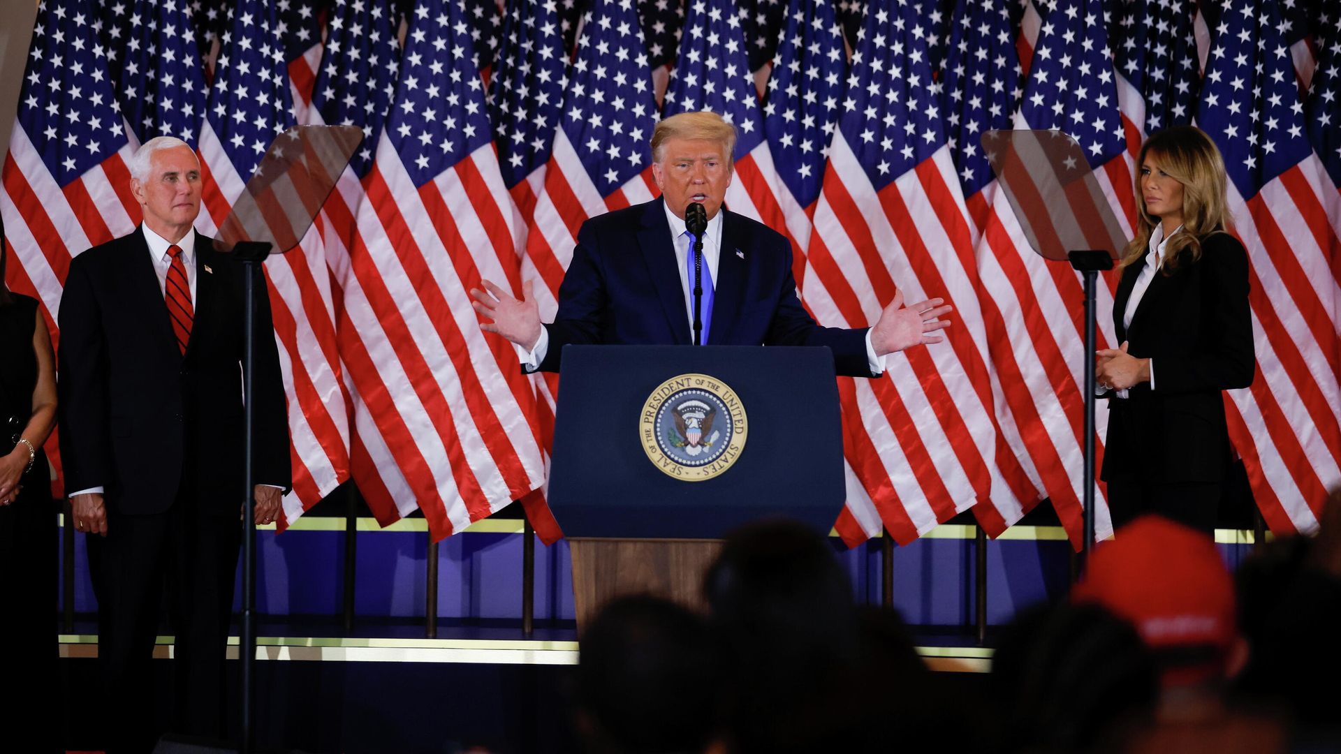 Президент США Дональд Трамп делает заявление относительно первых результатов президентских выборов в США Президент США Дональд Трамп делает заявление относительно первых результатов президентских выборов в США - РИА Новости, 1920, 04.11.2020