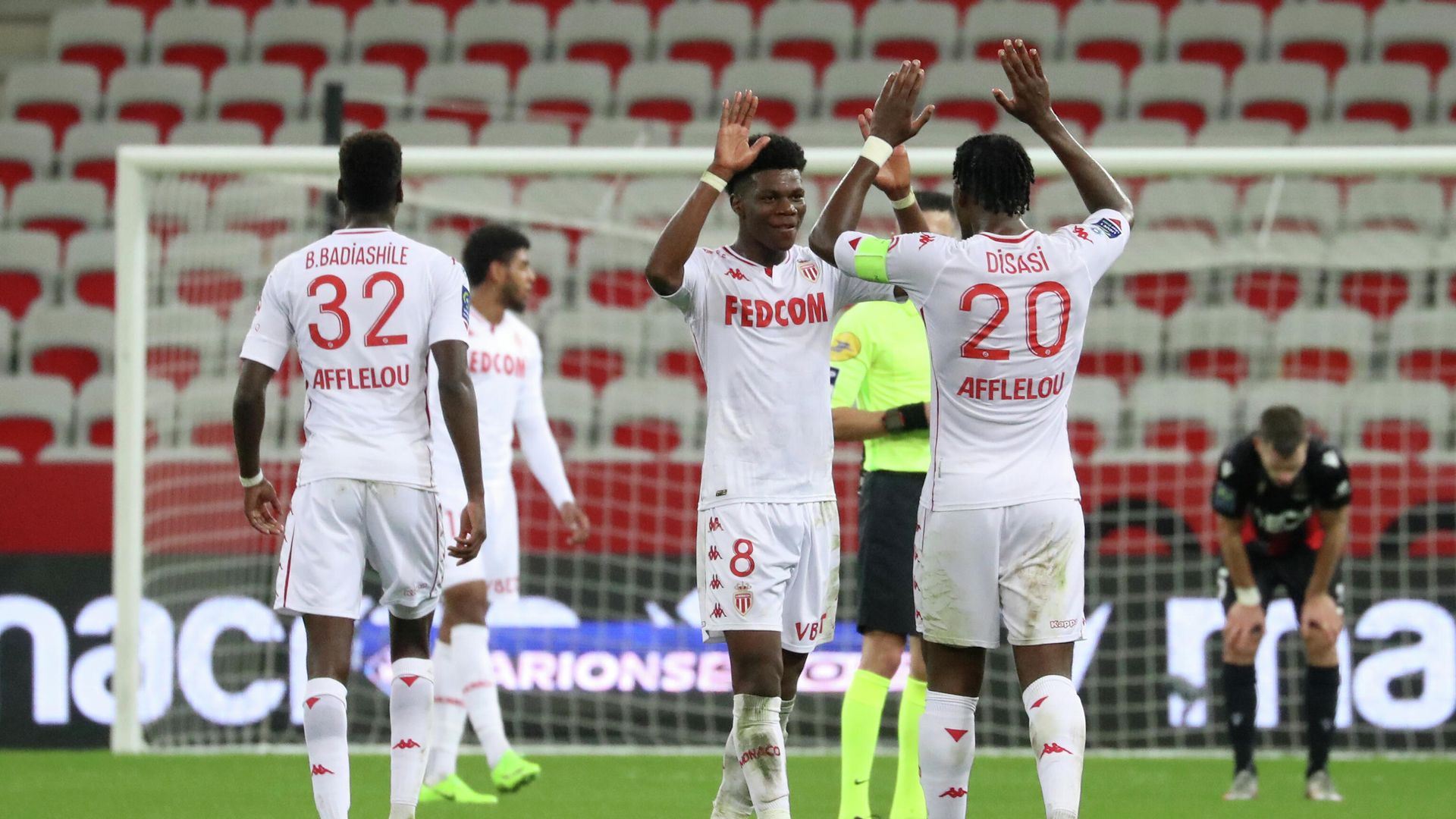 Monaco's French midfielder Aurelien Tchouameni (L) and Monaco's French defender Axel Disasi celebrate after winning the French L1 football match between OGC Nice and AS Monaco FC at The Allianz Riviera Stadium in Nice, south-eastern France on November 08, 2020. (Photo by Valery HACHE / AFP) Monaco's French midfielder Aurelien Tchouameni (L) and Monaco's French defender Axel Disasi celebrate after winning the French L1 football match between OGC Nice and AS Monaco FC at The Allianz Riviera Stadium in Nice, south-eastern France on November 08, 2020. (Photo by Valery HACHE / AFP) - РИА Новости, 1920, 08.11.2020