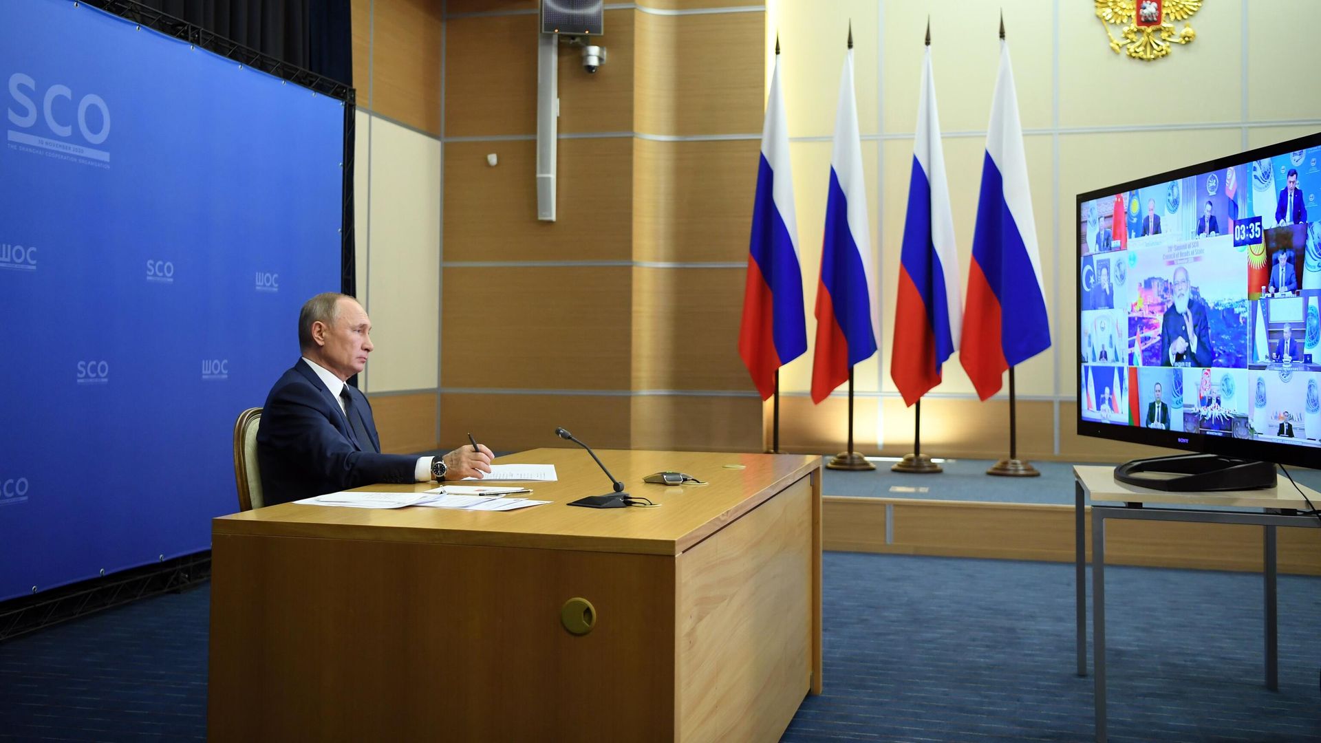 Президент РФ Владимир Путин проводит в режиме видеоконференции заседание Совета глав государств - членов Шанхайской организации сотрудничества Президент РФ Владимир Путин проводит в режиме видеоконференции заседание Совета глав государств - членов Шанхайской организации сотрудничества - РИА Новости, 1920, 10.11.2020