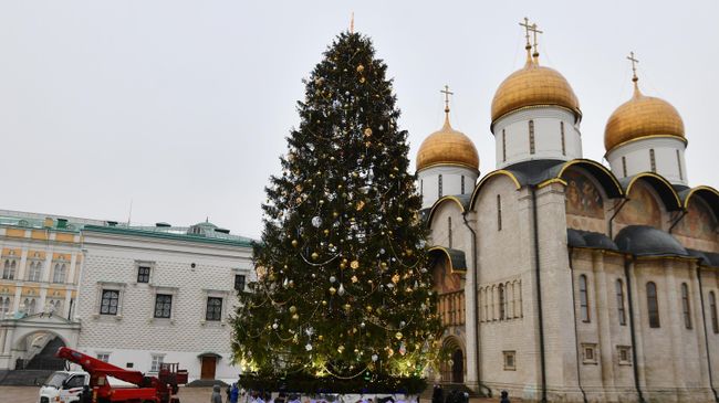 Украшение новогодней елки на Соборной площади Московского Кремля Украшение новогодней елки на Соборной площади Московского Кремля