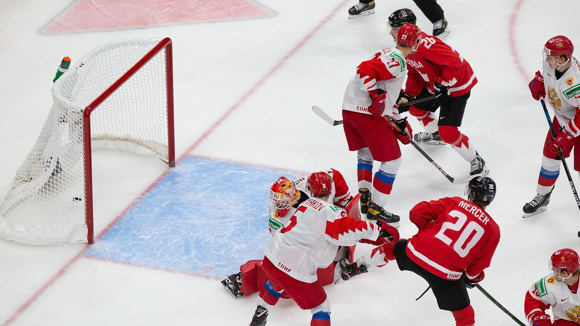 EDMONTON, AB - JANUARY 04: Philip Tomasino #26 and Dawson Mercer #20 of Canada look on as the puck sails past goaltender Yaroslav Askarov #1 of Russia during the 2021 IIHF World Junior Championship semifinals at Rogers Place on January 4, 2021 in Edmonton, Canada. Codie McLachlan/Getty Images/AFP EDMONTON, AB - JANUARY 04: Philip Tomasino #26 and Dawson Mercer #20 of Canada look on as the puck sails past goaltender Yaroslav Askarov #1 of Russia during the 2021 IIHF World Junior Championship semifinals at Rogers Place on January 4, 2021 in Edmonton, Canada. Codie McLachlan/Getty Images/AFP - РИА Новости, 1920, 05.01.2021