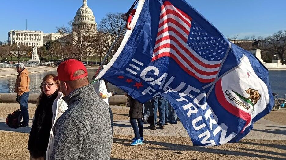 Мужчина с флагом сторонников Дональда Трампа на Капитолийском холме в Вашингтоне - РИА Новости, 1920, 08.01.2021