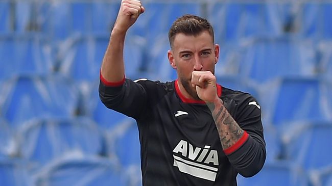 Eibar's Spanish forward Sergi Enrich celebrates after scoring a goal during the Spanish league football match between Real Sociedad and SD Eibar at the Anoeta stadium in San Sebastian on December 13, 2020. (Photo by ANDER GILLENEA / AFP) Eibar's Spanish forward Sergi Enrich celebrates after scoring a goal during the Spanish league football match between Real Sociedad and SD Eibar at the Anoeta stadium in San Sebastian on December 13, 2020. (Photo by ANDER GILLENEA / AFP)