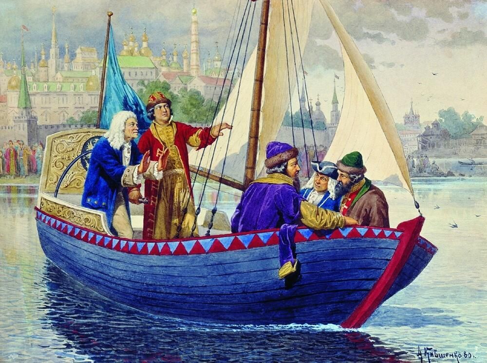 Петр Первый управляет парусным ботиком, Алексей Кившенко, 1864 Петр Первый управляет парусным ботиком, Алексей Кившенко, 1864 - РИА Новости, 1920, 19.02.2021