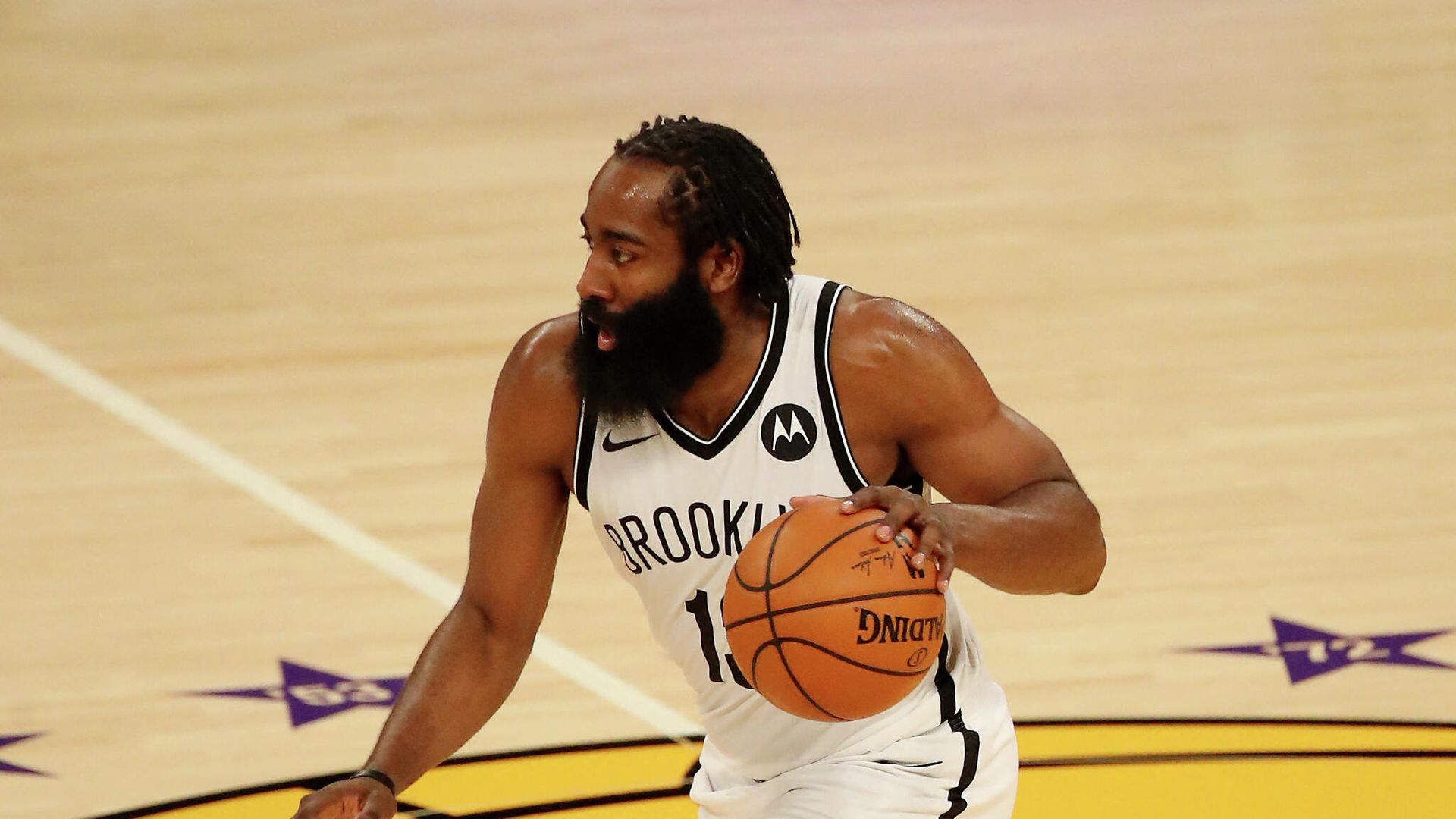 LOS ANGELES, CALIFORNIA - FEBRUARY 18: James Harden #13 of the Brooklyn Nets handles the ball during the third quarter against the Los Angeles Lakers at Staples Center on February 18, 2021 in Los Angeles, California. NOTE TO USER: User expressly acknowledges and agrees that, by downloading and or using this photograph, User is consenting to the terms and conditions of the Getty Images License Agreement. Katelyn Mulcahy/Getty Images/AFP (Photo by Katelyn Mulcahy / GETTY IMAGES NORTH AMERICA / AFP) LOS ANGELES, CALIFORNIA - FEBRUARY 18: James Harden #13 of the Brooklyn Nets handles the ball during the third quarter against the Los Angeles Lakers at Staples Center on February 18, 2021 in Los Angeles, California. NOTE TO USER: User expressly acknowledges and agrees that, by downloading and or using this photograph, User is consenting to the terms and conditions of the Getty Images License Agreement. Katelyn Mulcahy/Getty Images/AFP (Photo by Katelyn Mulcahy / GETTY IMAGES NORTH AMERICA / AFP) - РИА Новости, 1920, 22.02.2021