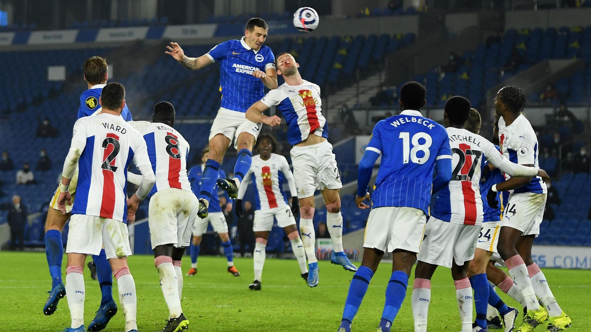 Brighton's English defender Lewis Dunk (centre L) vies with Crystal Palace's English defender Gary Cahill (C) during the English Premier League football match between Brighton and Hove Albion and Crystal Palace at the American Express Community Stadium in Brighton, southern England on February 22, 2021. (Photo by Mike Hewitt / POOL / AFP) / RESTRICTED TO EDITORIAL USE. No use with unauthorized audio, video, data, fixture lists, club/league logos or 'live' services. Online in-match use limited to 120 images. An additional 40 images may be used in extra time. No video emulation. Social media in-match use limited to 120 images. An additional 40 images may be used in extra time. No use in betting publications, games or single club/league/player publications. / Brighton's English defender Lewis Dunk (centre L) vies with Crystal Palace's English defender Gary Cahill (C) during the English Premier League football match between Brighton and Hove Albion and Crystal Palace at the American Express Community Stadium in Brighton, southern England on February 22, 2021. (Photo by Mike Hewitt / POOL / AFP) / RESTRICTED TO EDITORIAL USE. No use with unauthorized audio, video, data, fixture lists, club/league logos or 'live' services. Online in-match use limited to 120 images. An additional 40 images may be used in extra time. No video emulation. Social media in-match use limited to 120 images. An additional 40 images may be used in extra time. No use in betting publications, games or single club/league/player publications. / - РИА Новости, 1920, 23.02.2021