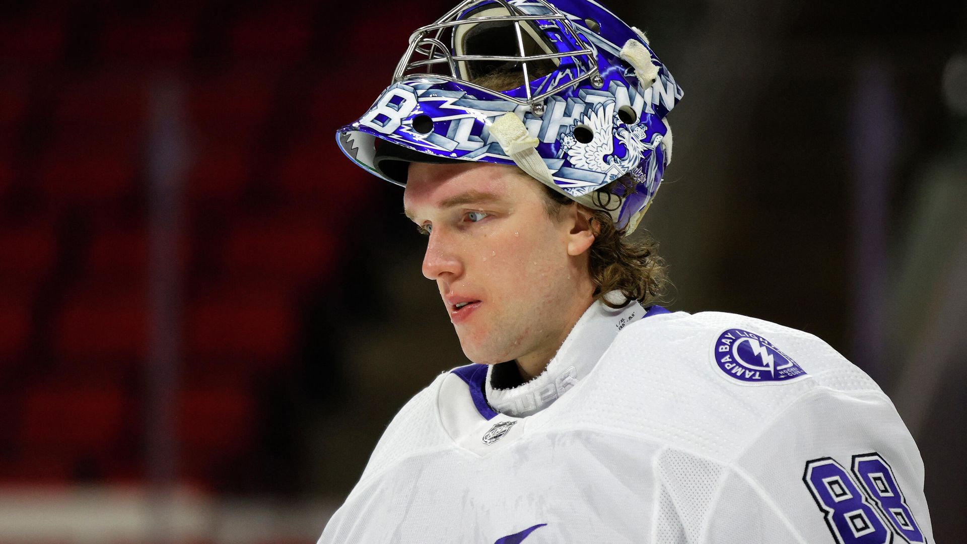 RALEIGH, NORTH CAROLINA - FEBRUARY 22: Andrei Vasilevskiy #88 of the Tampa Bay Lightning looks on during the first period of their game against the Carolina Hurricanes at PNC Arena on February 22, 2021 in Raleigh, North Carolina. Jared C. Tilton/Getty Images/AFP (Photo by Jared C. Tilton / GETTY IMAGES NORTH AMERICA / Getty Images via AFP) RALEIGH, NORTH CAROLINA - FEBRUARY 22: Andrei Vasilevskiy #88 of the Tampa Bay Lightning looks on during the first period of their game against the Carolina Hurricanes at PNC Arena on February 22, 2021 in Raleigh, North Carolina. Jared C. Tilton/Getty Images/AFP (Photo by Jared C. Tilton / GETTY IMAGES NORTH AMERICA / Getty Images via AFP) - РИА Новости, 1920, 01.03.2021