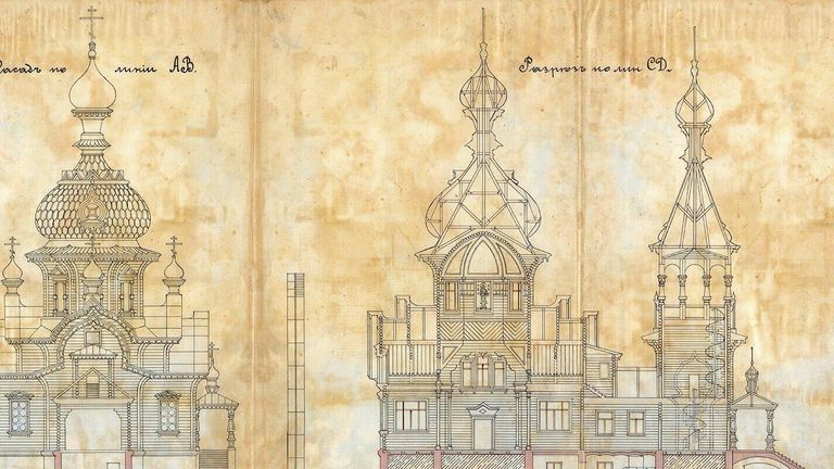 Рисунок фасада и чертеж разреза деревянной церкви Сергия Радонежского возле дачной платформы Шереметевка Казанской железной дороги. 1901 год. Главархив Москвы Рисунок фасада и чертеж разреза деревянной церкви Сергия Радонежского возле дачной платформы Шереметевка Казанской железной дороги. 1901 год. Главархив Москвы