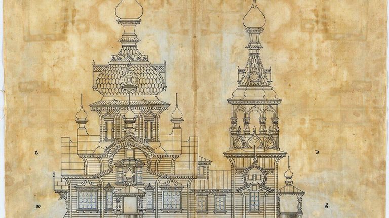 Рисунок бокового фасада деревянной церкви Сергия Радонежского возле дачной платформы Шереметевка Казанской железной дороги Рисунок бокового фасада деревянной церкви Сергия Радонежского возле дачной платформы Шереметевка Казанской железной дороги