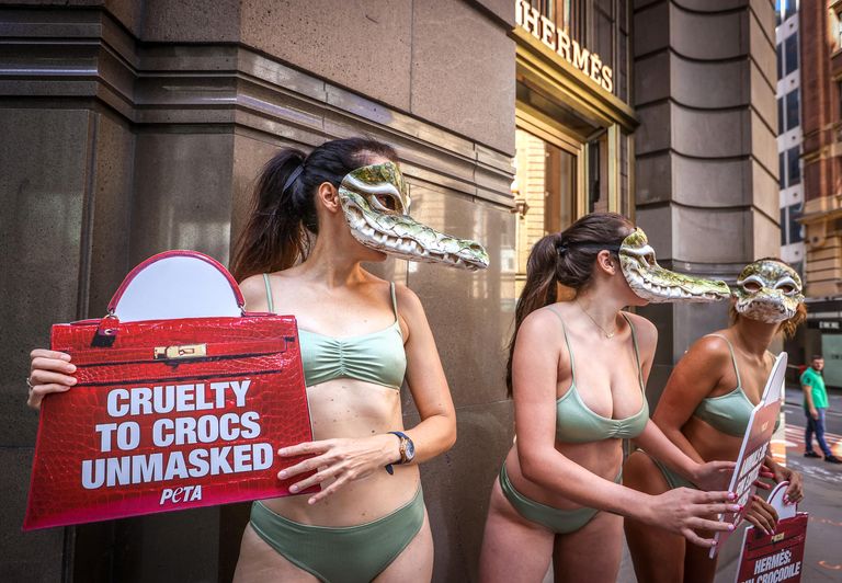 Активисты движения за права животных из организации PETA во время протеста около магазина Hermes в Сиднее Активисты движения за права животных из организации PETA во время протеста около магазина Hermes в Сиднее