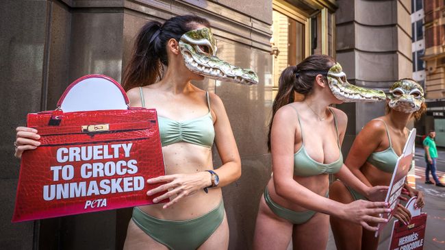 Активисты движения за права животных из организации PETA во время протеста около магазина Hermes в Сиднее Активисты движения за права животных из организации PETA во время протеста около магазина Hermes в Сиднее