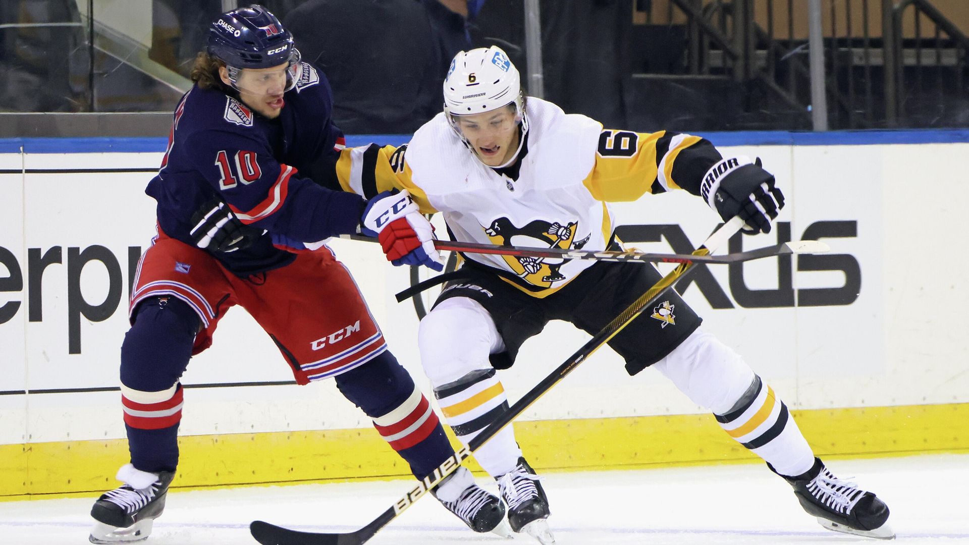Apr 8, 2021; New York, New York, USA; Pittsburgh Penguins defenseman John Marino (6) plays for the puck against New York Rangers left wing Artemi Panarin (10) during the first period at Madison Square Garden. Mandatory Credit: Bruce Bennett/Pool Photo-USA TODAY Sports Apr 8, 2021; New York, New York, USA; Pittsburgh Penguins defenseman John Marino (6) plays for the puck against New York Rangers left wing Artemi Panarin (10) during the first period at Madison Square Garden. Mandatory Credit: Bruce Bennett/Pool Photo-USA TODAY Sports - РИА Новости, 1920, 10.04.2021