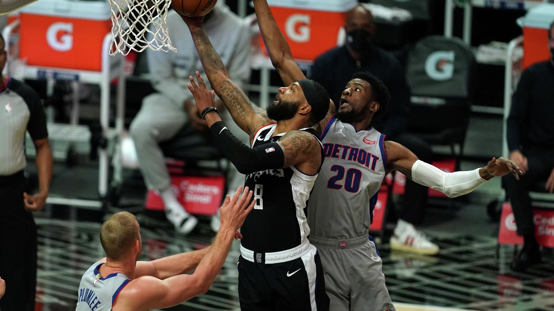 Apr 11, 2021; Los Angeles, California, USA; LA Clippers forward Marcus Morris Sr. (8) is defended by Detroit Pistons guard Josh Jackson (20) and center Mason Plumlee (24) in the first half at Staples Center. Mandatory Credit: Kirby Lee-USA TODAY Sports Apr 11, 2021; Los Angeles, California, USA; LA Clippers forward Marcus Morris Sr. (8) is defended by Detroit Pistons guard Josh Jackson (20) and center Mason Plumlee (24) in the first half at Staples Center. Mandatory Credit: Kirby Lee-USA TODAY Sports - РИА Новости, 1920, 12.04.2021