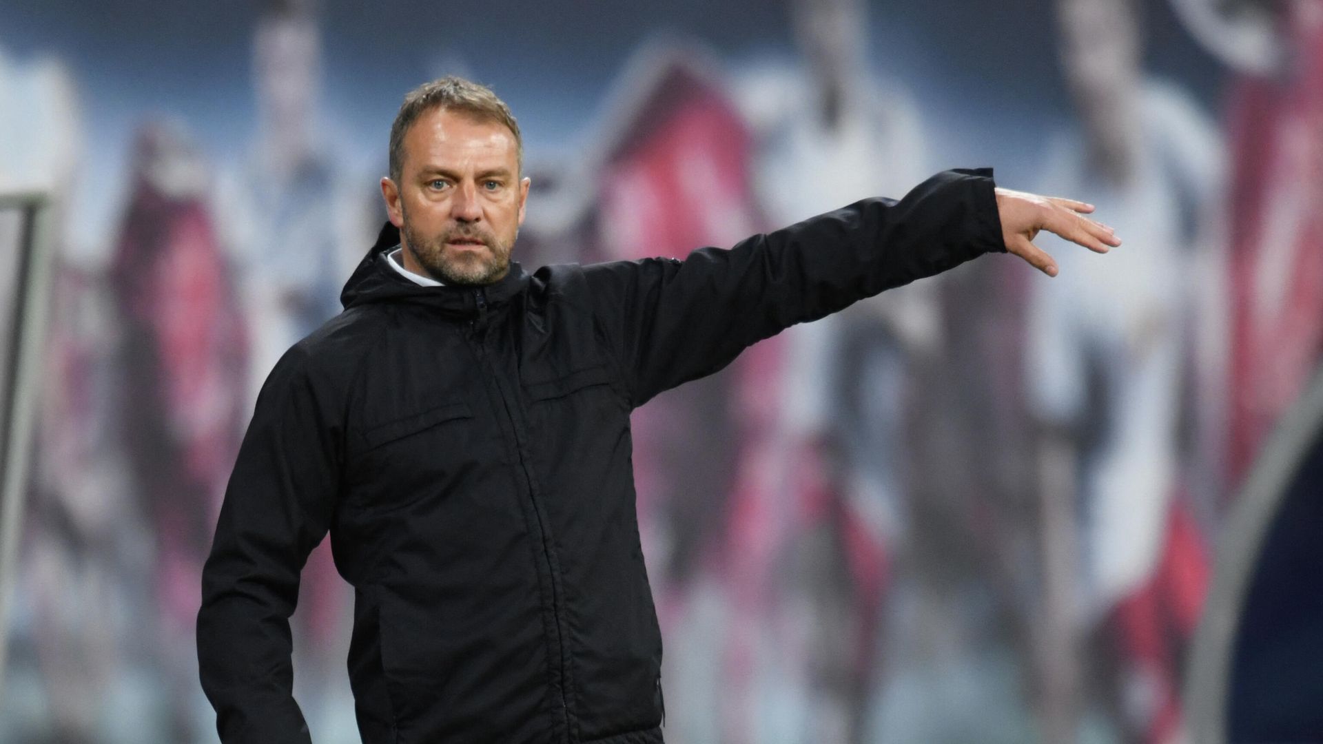 Bayern Munich's German head coach Hans-Dieter Flick reacts from the sidelines during the German first divison Bundesliga football match between RB Leipzig and FC Bayern Munich in Leipzig, eastern Germany, on April 3, 2021. (Photo by ANNEGRET HILSE / POOL / AFP) / DFL REGULATIONS PROHIBIT ANY USE OF PHOTOGRAPHS AS IMAGE SEQUENCES AND/OR QUASI-VIDEO Bayern Munich's German head coach Hans-Dieter Flick reacts from the sidelines during the German first divison Bundesliga football match between RB Leipzig and FC Bayern Munich in Leipzig, eastern Germany, on April 3, 2021. (Photo by ANNEGRET HILSE / POOL / AFP) / DFL REGULATIONS PROHIBIT ANY USE OF PHOTOGRAPHS AS IMAGE SEQUENCES AND/OR QUASI-VIDEO - РИА Новости, 1920, 12.04.2021
