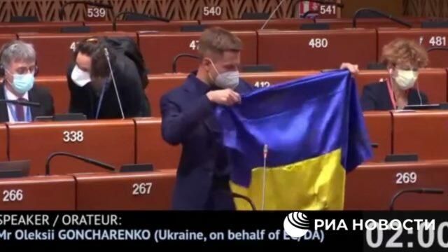 Украинский депутат развернул флаг страны во время заседания ПАСЕ Украинский депутат развернул флаг страны во время заседания ПАСЕ - РИА Новости, 1920, 20.04.2021
