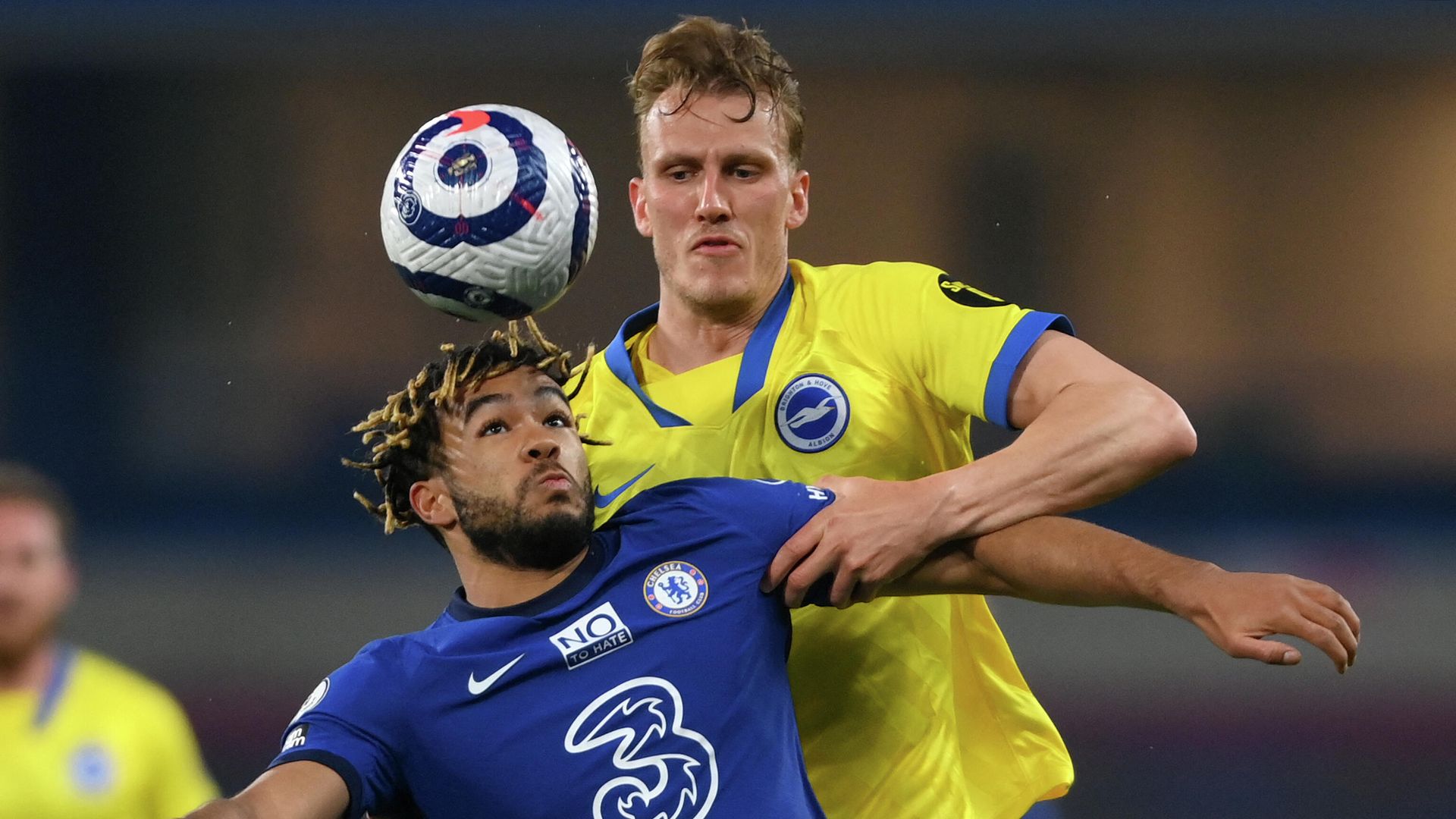 Chelsea's English defender Reece James (L) vies with Brighton's English defender Dan Burn during the English Premier League football match between Chelsea and Brighton and Hove Albion at Stamford Bridge in London on April 20, 2021. (Photo by Mike Hewitt / POOL / AFP) / RESTRICTED TO EDITORIAL USE. No use with unauthorized audio, video, data, fixture lists, club/league logos or 'live' services. Online in-match use limited to 120 images. An additional 40 images may be used in extra time. No video emulation. Social media in-match use limited to 120 images. An additional 40 images may be used in extra time. No use in betting publications, games or single club/league/player publications. / Chelsea's English defender Reece James (L) vies with Brighton's English defender Dan Burn during the English Premier League football match between Chelsea and Brighton and Hove Albion at Stamford Bridge in London on April 20, 2021. (Photo by Mike Hewitt / POOL / AFP) / RESTRICTED TO EDITORIAL USE. No use with unauthorized audio, video, data, fixture lists, club/league logos or 'live' services. Online in-match use limited to 120 images. An additional 40 images may be used in extra time. No video emulation. Social media in-match use limited to 120 images. An additional 40 images may be used in extra time. No use in betting publications, games or single club/league/player publications. / - РИА Новости, 1920, 21.04.2021