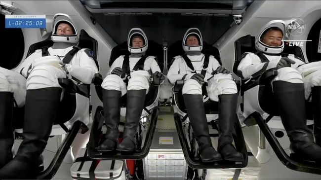 Астронавты NASA Шейн Кимбро, Меган МакАртур, Тома Песке и Акихико Хошиде на борту ракеты SpaceX Falcon 9 с капсулой Crew Dragon перед запуском