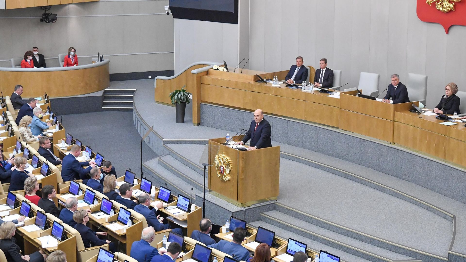 Председатель правительства РФ Михаил Мишустин выступает в Государственной думе РФ с отчетом о работе правительства за 2020 год Председатель правительства РФ Михаил Мишустин выступает в Государственной думе РФ с отчетом о работе правительства за 2020 год - РИА Новости, 1920, 12.05.2021