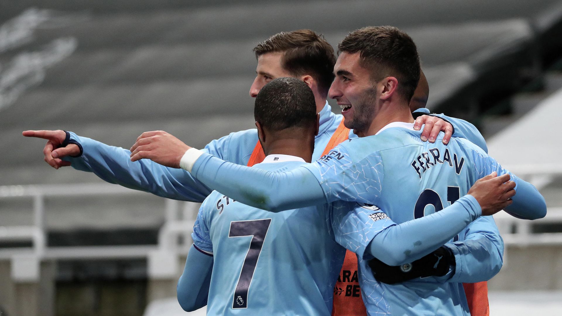 Manchester City's Spanish midfielder Ferran Torres (R) celebrates scoring his team's fourth goal, his third, during the English Premier League football match between Newcastle United and Manchester City at St James' Park in Newcastle-upon-Tyne, north east England on May 14, 2021. (Photo by SCOTT HEPPELL / POOL / AFP) / RESTRICTED TO EDITORIAL USE. No use with unauthorized audio, video, data, fixture lists, club/league logos or 'live' services. Online in-match use limited to 120 images. An additional 40 images may be used in extra time. No video emulation. Social media in-match use limited to 120 images. An additional 40 images may be used in extra time. No use in betting publications, games or single club/league/player publications. / Manchester City's Spanish midfielder Ferran Torres (R) celebrates scoring his team's fourth goal, his third, during the English Premier League football match between Newcastle United and Manchester City at St James' Park in Newcastle-upon-Tyne, north east England on May 14, 2021. (Photo by SCOTT HEPPELL / POOL / AFP) / RESTRICTED TO EDITORIAL USE. No use with unauthorized audio, video, data, fixture lists, club/league logos or 'live' services. Online in-match use limited to 120 images. An additional 40 images may be used in extra time. No video emulation. Social media in-match use limited to 120 images. An additional 40 images may be used in extra time. No use in betting publications, games or single club/league/player publications. / - РИА Новости, 1920, 15.05.2021