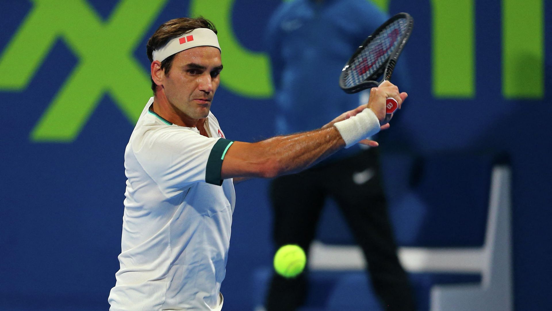 A handout picture obtained from the Qatar Tennis Federation on March 11, 2021, shows Roger Federer returns the ball during his match with Nikoloz Basilashvili of Georgia at the Qatar ExxonMobil Open at the Khalifa International Tennis and Squash Complex in the Qatari capital Doha. - Federer squandered a match point and was knocked out of the Qatar Open by Basilashvili in just his second match since a 13-month injury absence. (Photo by Samer Al-Rejjal / Qatar Tennis Federation / AFP) / RESTRICTED TO EDITORIAL USE - MANDATORY CREDIT AFP PHOTO / QATAR TENNIS FEDERATION - NO MARKETING - NO ADVERTISING CAMPAIGNS - DISTRIBUTED AS A SERVICE TO CLIENTS A handout picture obtained from the Qatar Tennis Federation on March 11, 2021, shows Roger Federer returns the ball during his match with Nikoloz Basilashvili of Georgia at the Qatar ExxonMobil Open at the Khalifa International Tennis and Squash Complex in the Qatari capital Doha. - Federer squandered a match point and was knocked out of the Qatar Open by Basilashvili in just his second match since a 13-month injury absence. (Photo by Samer Al-Rejjal / Qatar Tennis Federation / AFP) / RESTRICTED TO EDITORIAL USE - MANDATORY CREDIT AFP PHOTO / QATAR TENNIS FEDERATION - NO MARKETING - NO ADVERTISING CAMPAIGNS - DISTRIBUTED AS A SERVICE TO CLIENTS - РИА Новости, 1920, 15.05.2021