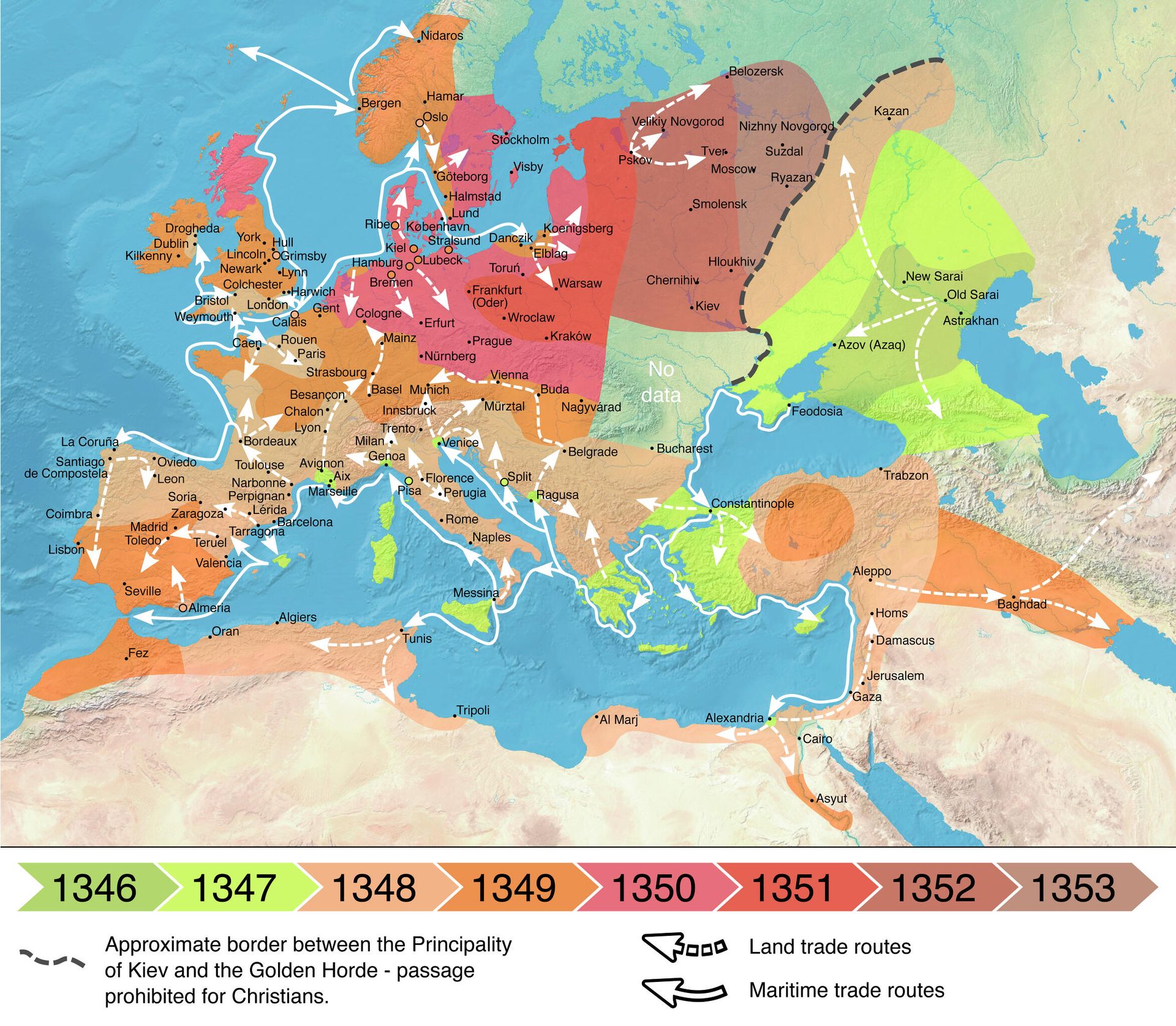 Пути распространения чумы в Европе и на Ближнем Востоке в 1346—1353 годы. Пунктирная линия - примерная граница между Киевским княжеством и Золотой Ордой, дальше которой христианам проход был запрещен. Стрелки - наземные и морские торговые пути
Пути распространения чумы в Европе и на Ближнем Востоке в 1346—1353 годы. Пунктирная линия - примерная граница между Киевским княжеством и Золотой Ордой, дальше которой христианам проход был запрещен. Стрелки - наземные и морские торговые пути
- РИА Новости, 1920, 15.06.2021