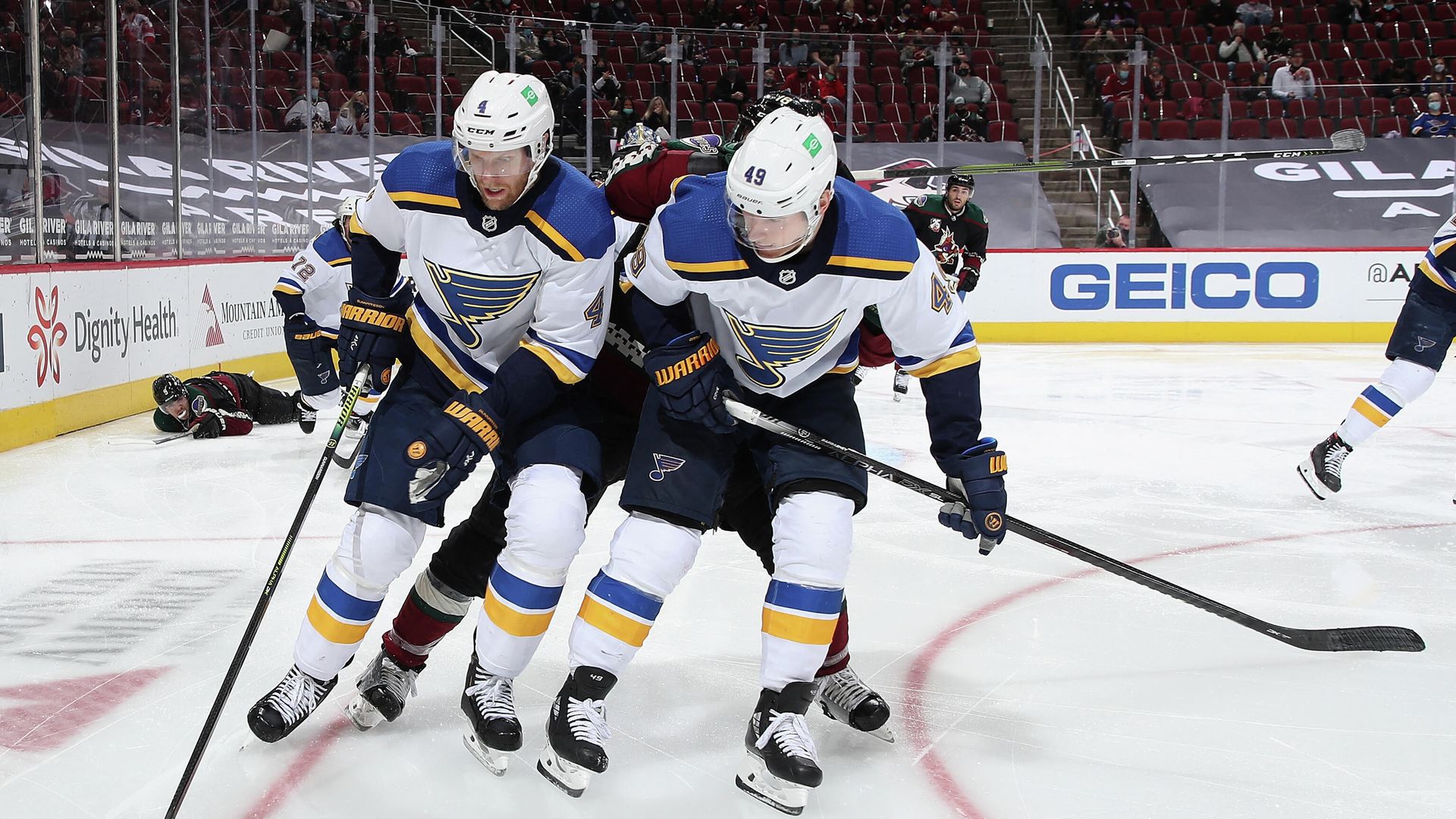 GLENDALE, ARIZONA - FEBRUARY 15: Carl Gunnarsson #4 and Ivan Barbashev #49 of the St. Louis Blues controls the puck during the third period of the NHL game against the Arizona Coyotes at Gila River Arena on February 15, 2021 in Glendale, Arizona. The Coyotes defeated the Blues 1-0.   Christian Petersen/Getty Images/AFP (Photo by Christian Petersen / GETTY IMAGES NORTH AMERICA / Getty Images via AFP) - РИА Новости, 1920, 23.06.2021