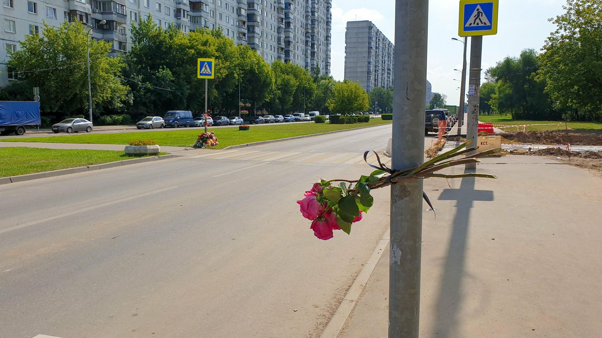 Цветы в память о погибших детях на месте ДТП на пешеходном переходе на улице Авиаторов в Москве Цветы в память о погибших детях на месте ДТП на пешеходном переходе на улице Авиаторов в Москве - РИА Новости, 1920, 22.07.2021
