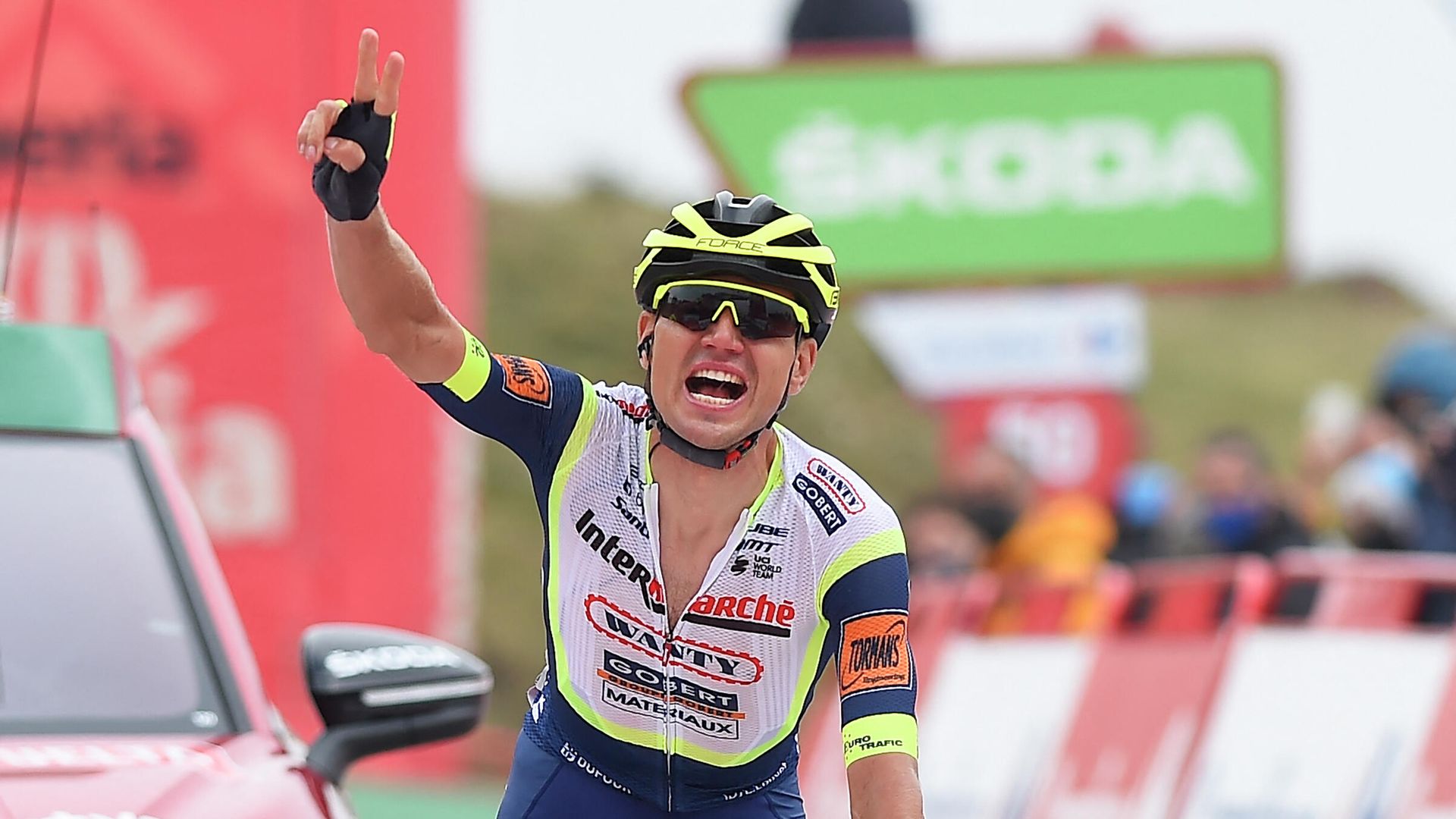Team Intermarche Wanty Gobert Mater's Estonian rider Rein Taaramae celebrtates at the finish line wins the 3rd stage of the 2021 La Vuelta cycling tour of Spain, a 202,8km race from Santo Domingo de Silos to Espinosa de los Monteros, on August 16, 2021. (Photo by ANDER GILLENEA / AFP) Team Intermarche Wanty Gobert Mater's Estonian rider Rein Taaramae celebrtates at the finish line wins the 3rd stage of the 2021 La Vuelta cycling tour of Spain, a 202,8km race from Santo Domingo de Silos to Espinosa de los Monteros, on August 16, 2021. (Photo by ANDER GILLENEA / AFP) - РИА Новости, 1920, 16.08.2021