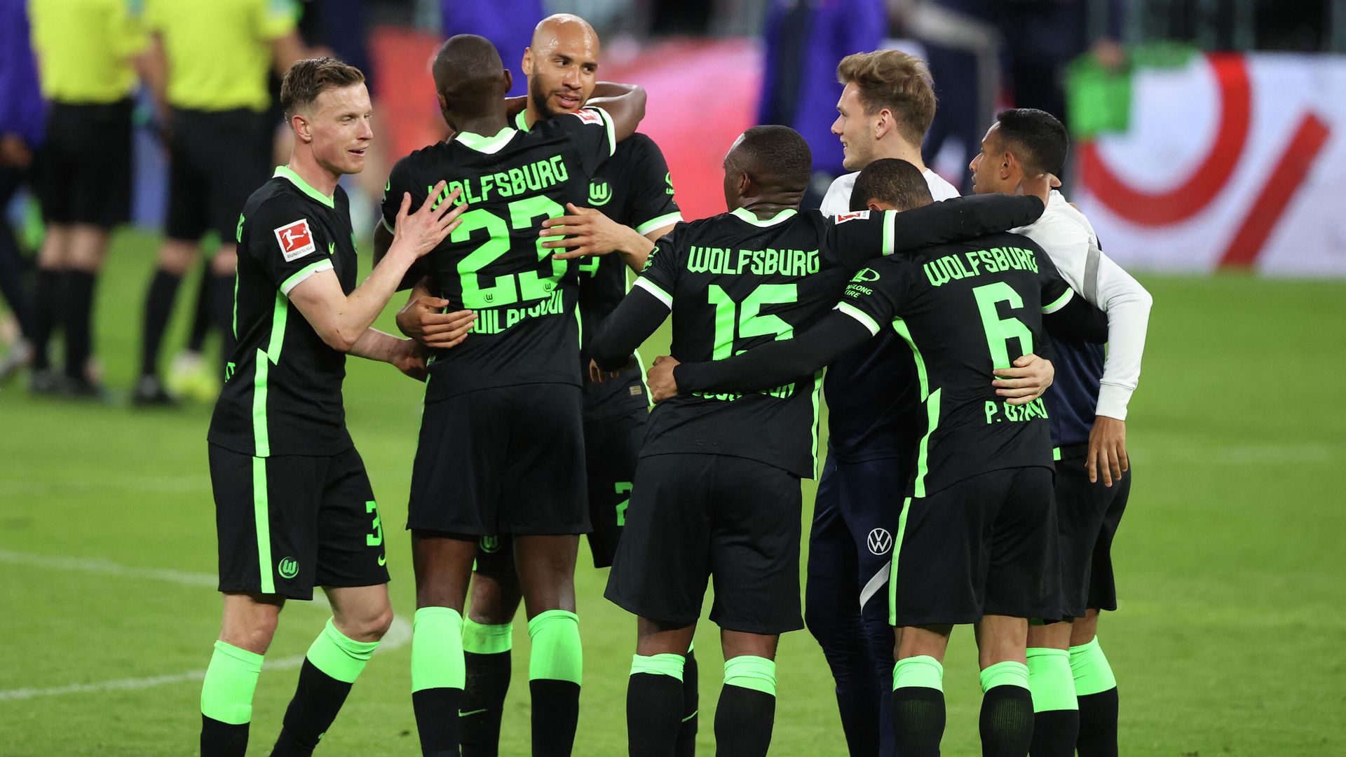 Wolfsburg players celebrate after the German first division Bundesliga football match RB Leipzig vs VfL Wolfsburg in Leipzig, on May 16, 2021. (Photo by Jan WOITAS / POOL / AFP) / DFL REGULATIONS PROHIBIT ANY USE OF PHOTOGRAPHS AS IMAGE SEQUENCES AND/OR QUASI-VIDEO Wolfsburg players celebrate after the German first division Bundesliga football match RB Leipzig vs VfL Wolfsburg in Leipzig, on May 16, 2021. (Photo by Jan WOITAS / POOL / AFP) / DFL REGULATIONS PROHIBIT ANY USE OF PHOTOGRAPHS AS IMAGE SEQUENCES AND/OR QUASI-VIDEO - РИА Новости, 1920, 17.08.2021